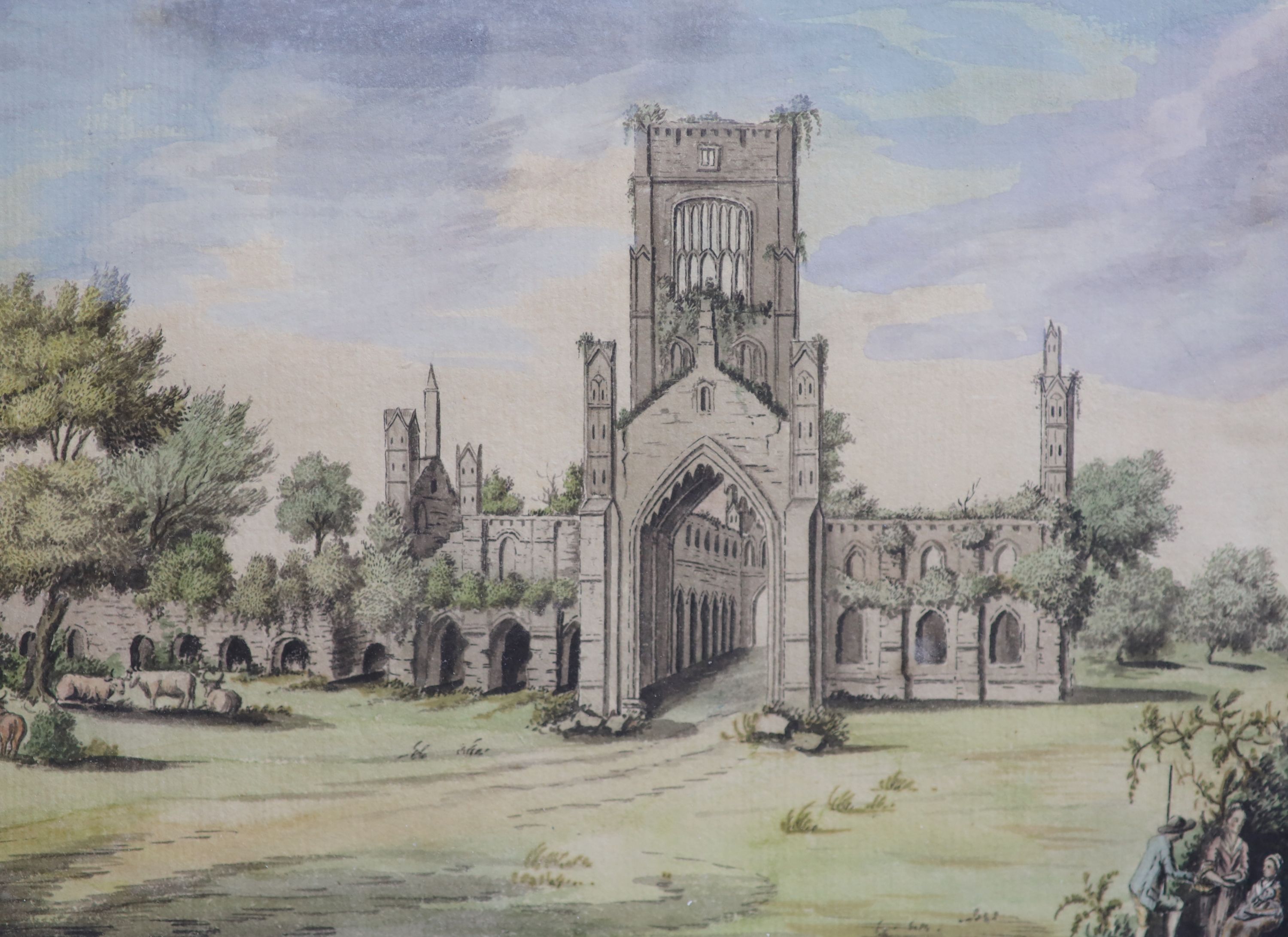 18th century English School , View of Kirkstall Abbey, ink and watercolour, 15 x 20.5cm